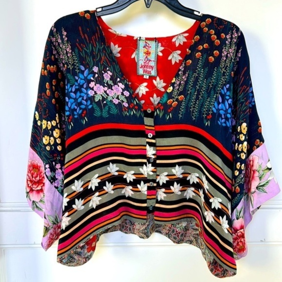 Johnny Was Angie Shrug Striped Floral Print V Neckline Button Down Blouse Small - Picture 1 of 10
